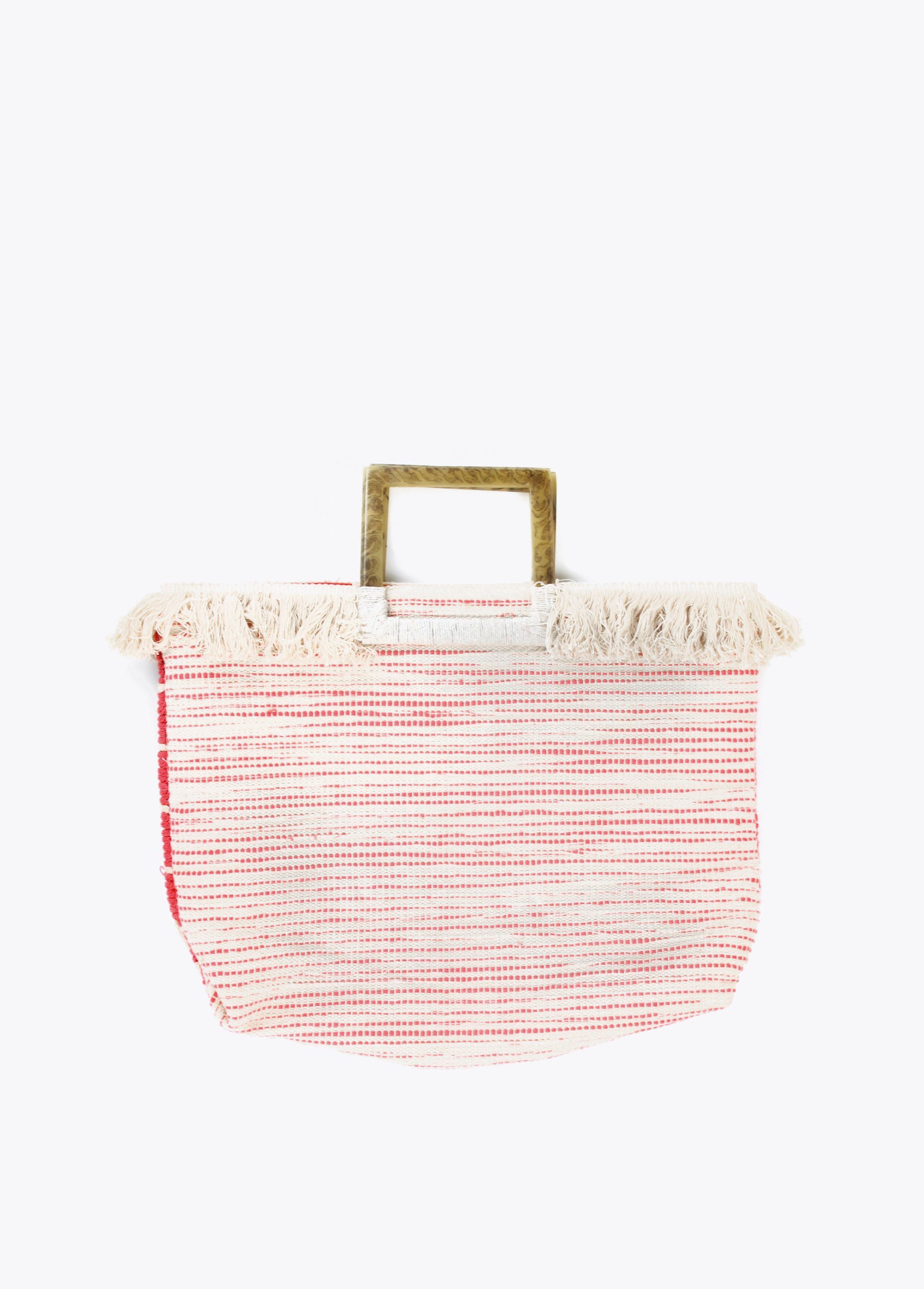 Bolso grande de verano en algodón beige con coral asa cuadrada resina